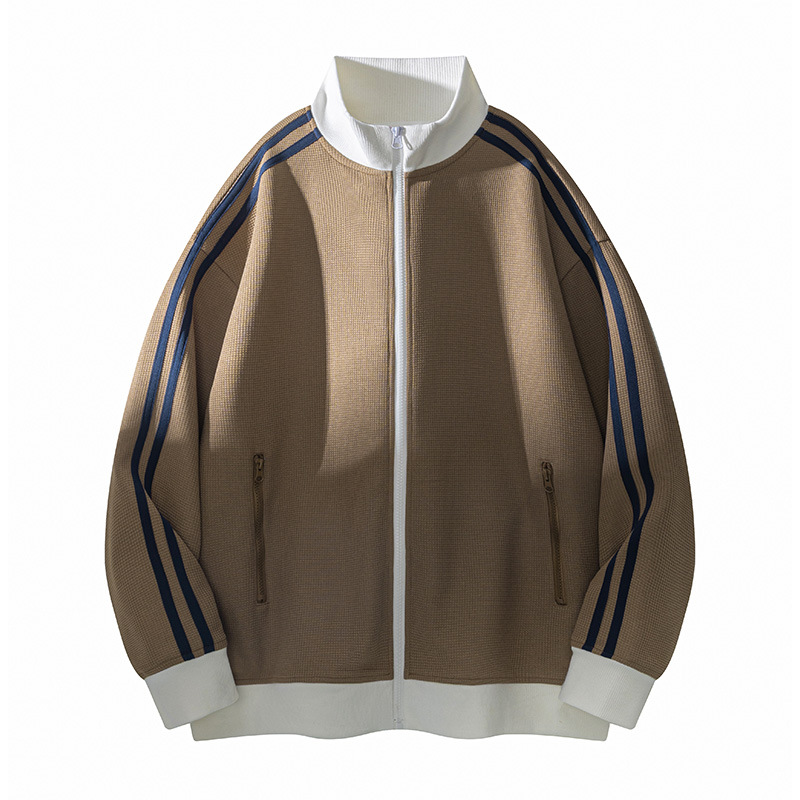 Autumn New Khaki Waffle Collar Jacket with Zipper Closure, Men's Loose Casual Sports Top