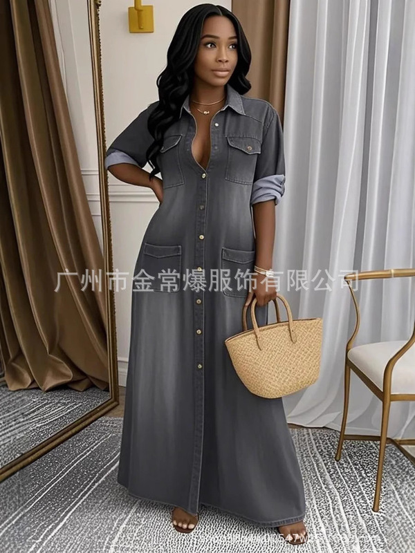 2025 ヨーロッパとアメリカのクロスボーダー Amazon 外国貿易婦人服ファッションウォッシュカジュアル長袖シャツドレスルーズロングスカート|undefined