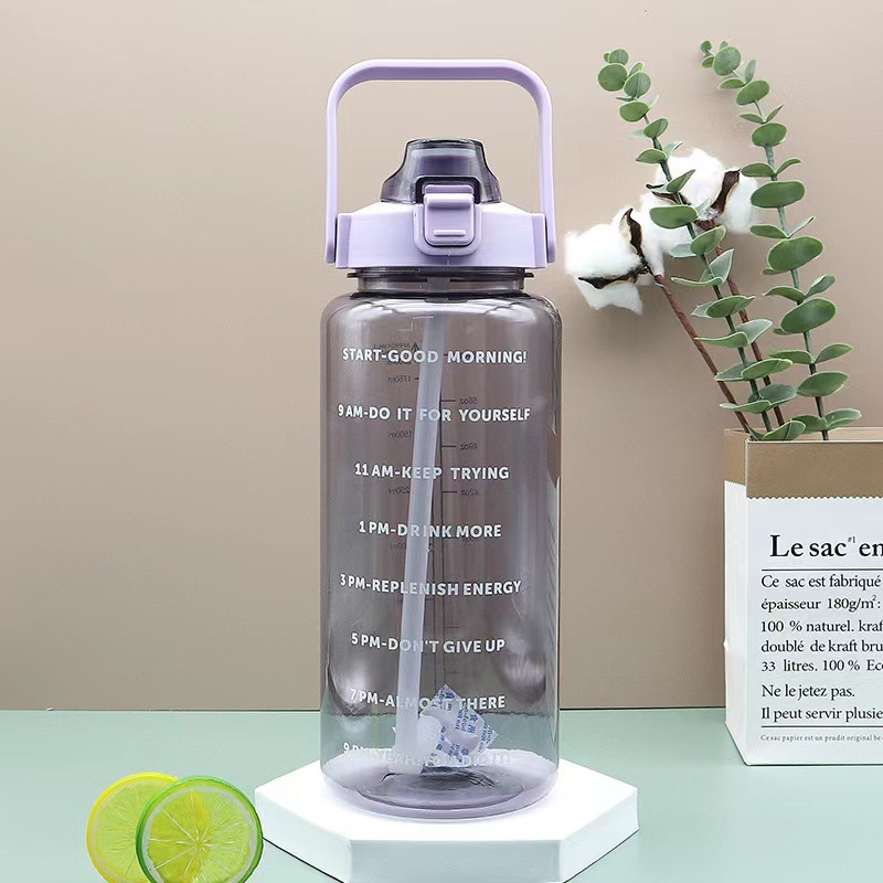 2000ml plastic space cup with time scale, straight cylinder, large capacity, outdoor sports water bottle, transparent spring lid water cup pic 3