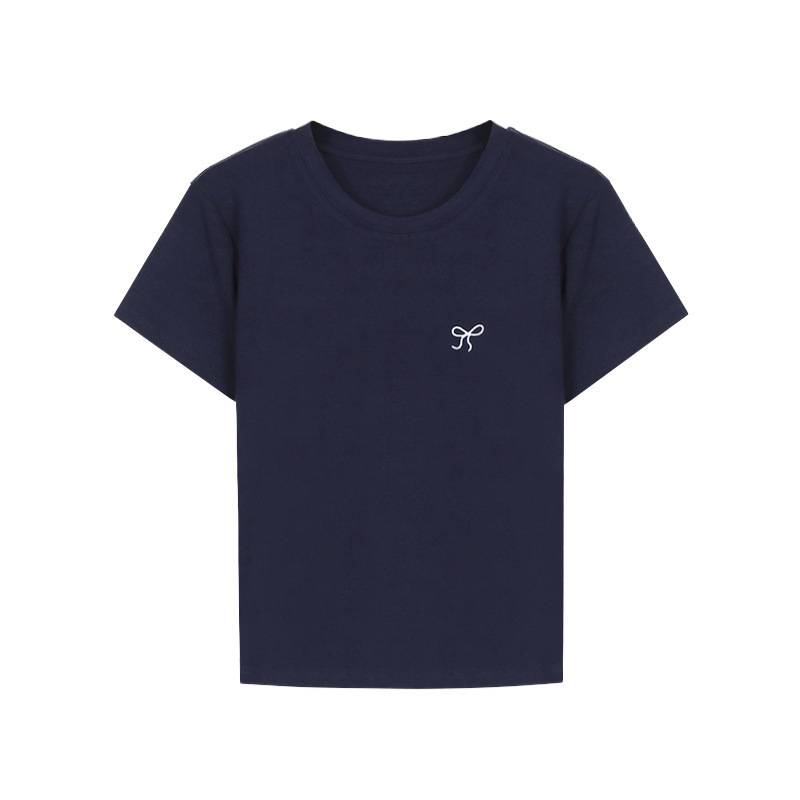 蝶刺繍半袖 Tシャツ女性のための 2025 夏の新スリムフィット右肩甘くてスパイシーな学生ラウンドネックボトリングトップ|undefined