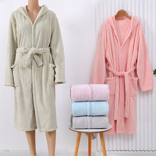 Thickened and Lengthened Coral Velvet Bath Robe for Men and Women, Water-absorbent Sleep Gown, Striped Solid Color, Plus Size Pajamas, Home Wear, Factory Wholesale