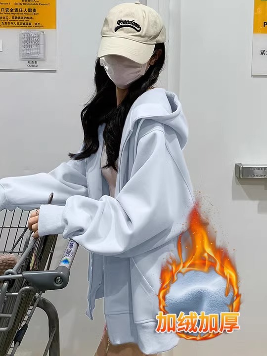 ブルーのスウェットシャツジャケット女性用秋2025新作人気秋ジッパーカーディガン中学生ベルベット厚手トップ