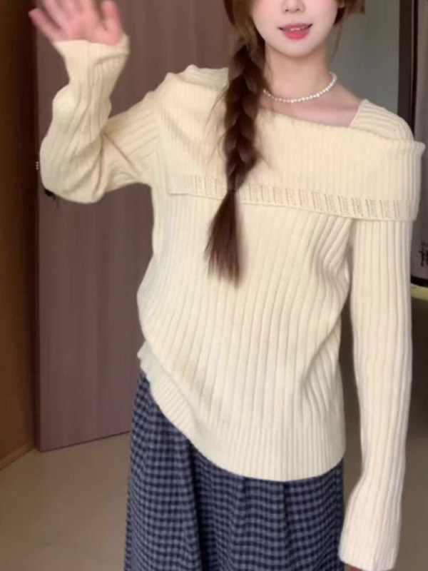 坑条一字肩打底毛衣女秋冬季大码胖mm百搭针织衫气质修身内搭上衣|undefined