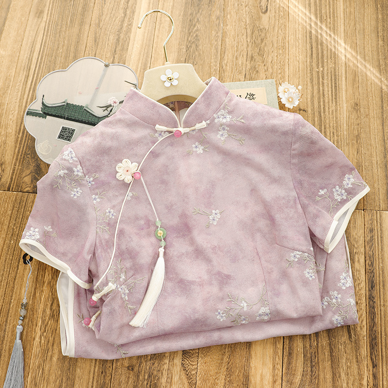 俏娘鱼紫色复古短袖旗袍2025年春季新款改良新中式淑女范日常可穿