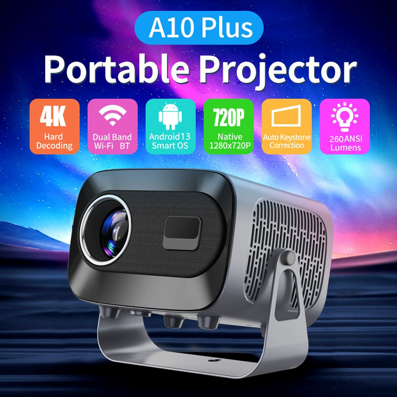 A10 Plus Android Projector Cross-border Portable Projector Gaolumen Home Projection 4K Office Projector