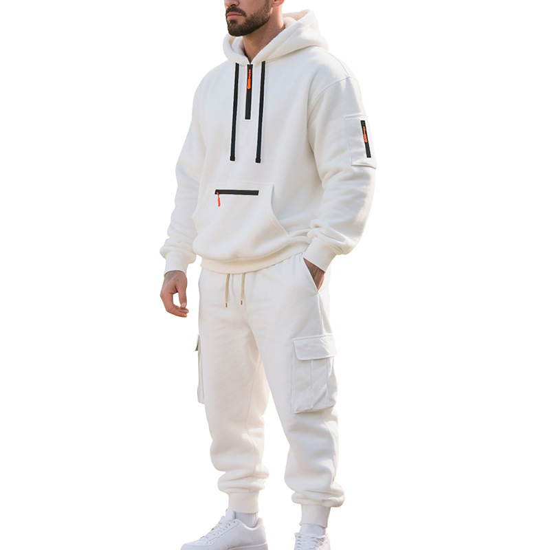 Heavyweight Fleece-Lined Big & Tall Men's Workwear Jogger Set Winter Cargo Pocket Hoodie & Pants_viptrois.com