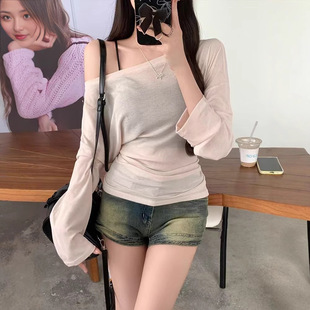 Kumikumi Pure Lust Style See-Through Slanted Shoulder Long-Sleeved T-Shirt Women's Summer Elegant Loose Thin Slimming Look Off-Shoulder Top
