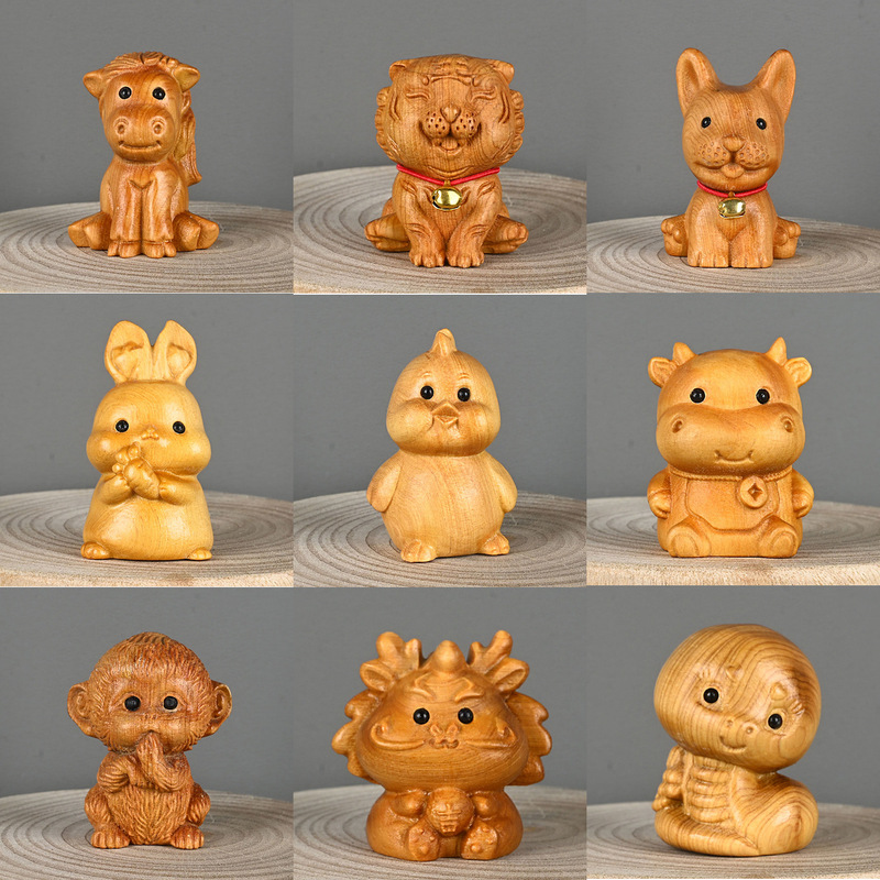 崖柏木雕十二生肖手把件牛兔蛇马虎鸡狗猴木质手办桌面创意摆件|undefined