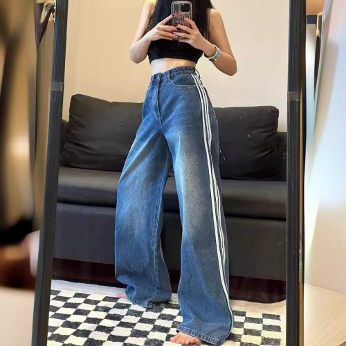 American Retro Side Striped Washed Denim Jeans for Women Spring High-Waisted Straight Leg Loose Slimming Floor-Long Pants