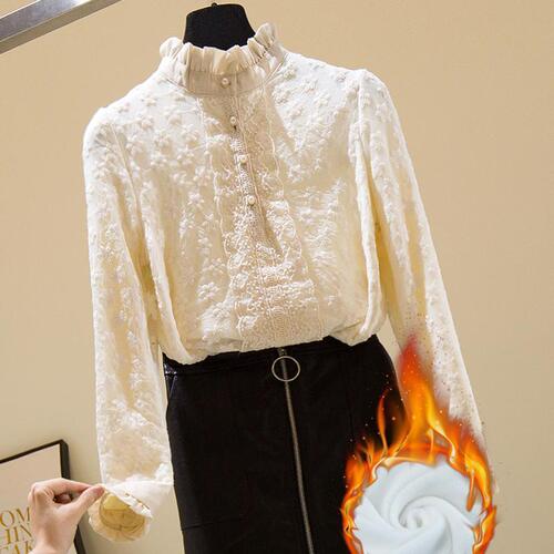 Lace bottomed shirt for women in autumn and winter new mesh long-sleeved warm figure-fitting velvet thick half-high collar top