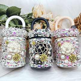 镶嵌水晶钻山茶花小香风双层不锈钢保温杯咖啡杯礼品杯发财桶杯