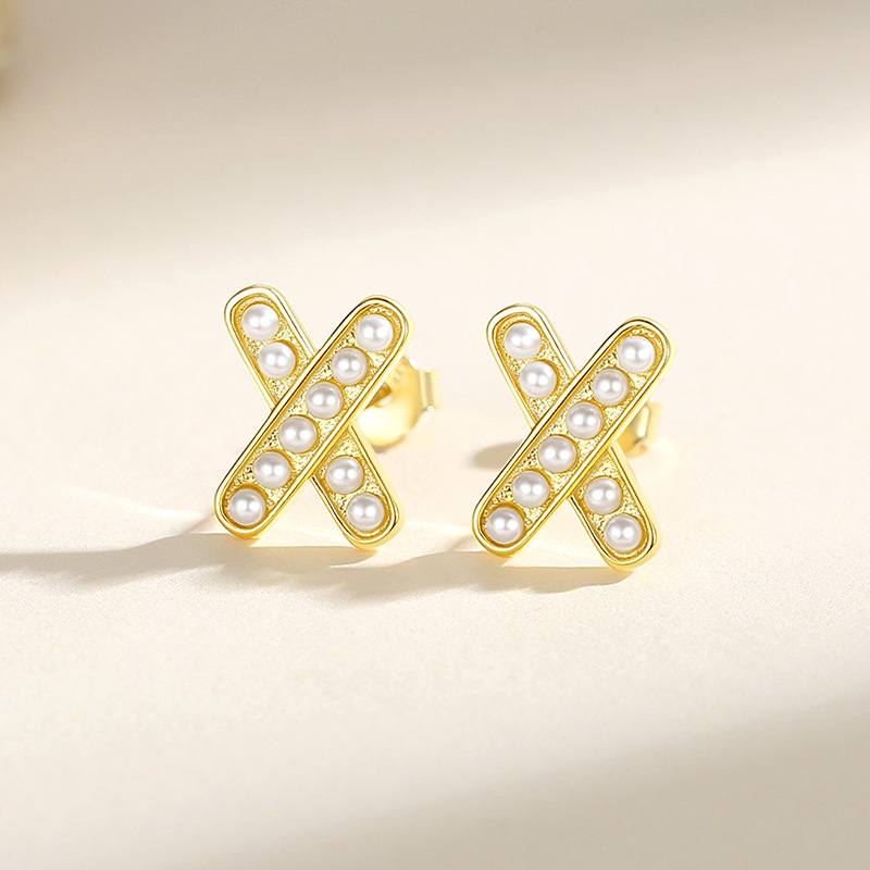 Perla Cruz letra X Stud pendientes de plata 925 estilo francés luz estilo de lujo nicho diseño sentido nicho Stud pendientes Internet celebridad mismo estilo