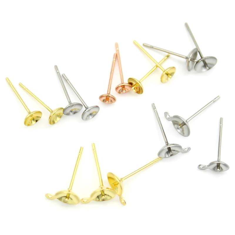 不锈钢珍珠托带插针凹凸碗针环保耳针托珠托带吊圈DIY耳饰配件