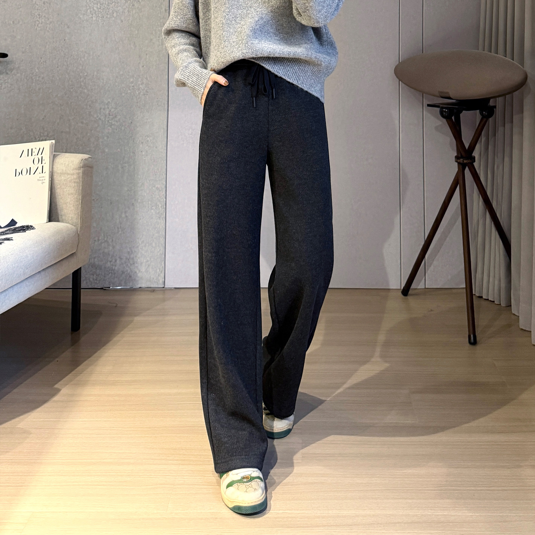 아름다운 작은 아름다운 트윌 아세테이트 울 바지  다리 고정 좁은 넓은 다리 바지 간단한 겨울 우아한 바지 바닥을 깎지 않음