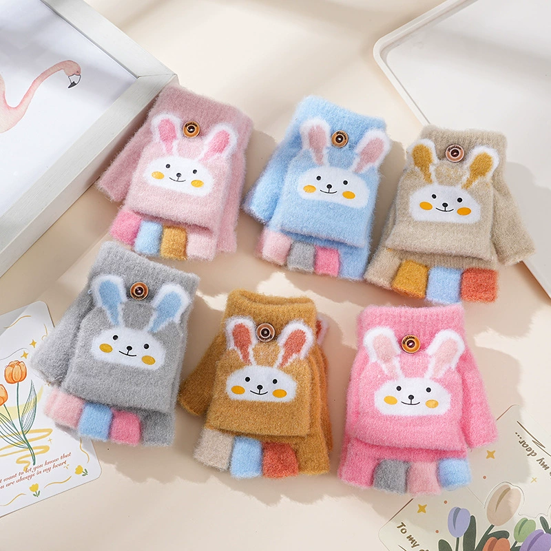 Зимние толстые детские мультяшные кролики полупальцевые откидные перчатки осенние и зимние мальчики милые малыши с открытыми пальцами вязаные перчатки