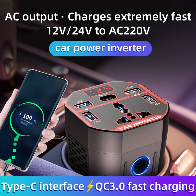 Cross-Border New Model Car-Mounted 12V24V to 220V Inverter Portable Car-Mounted USB Charging Inverter for Mobile Phones