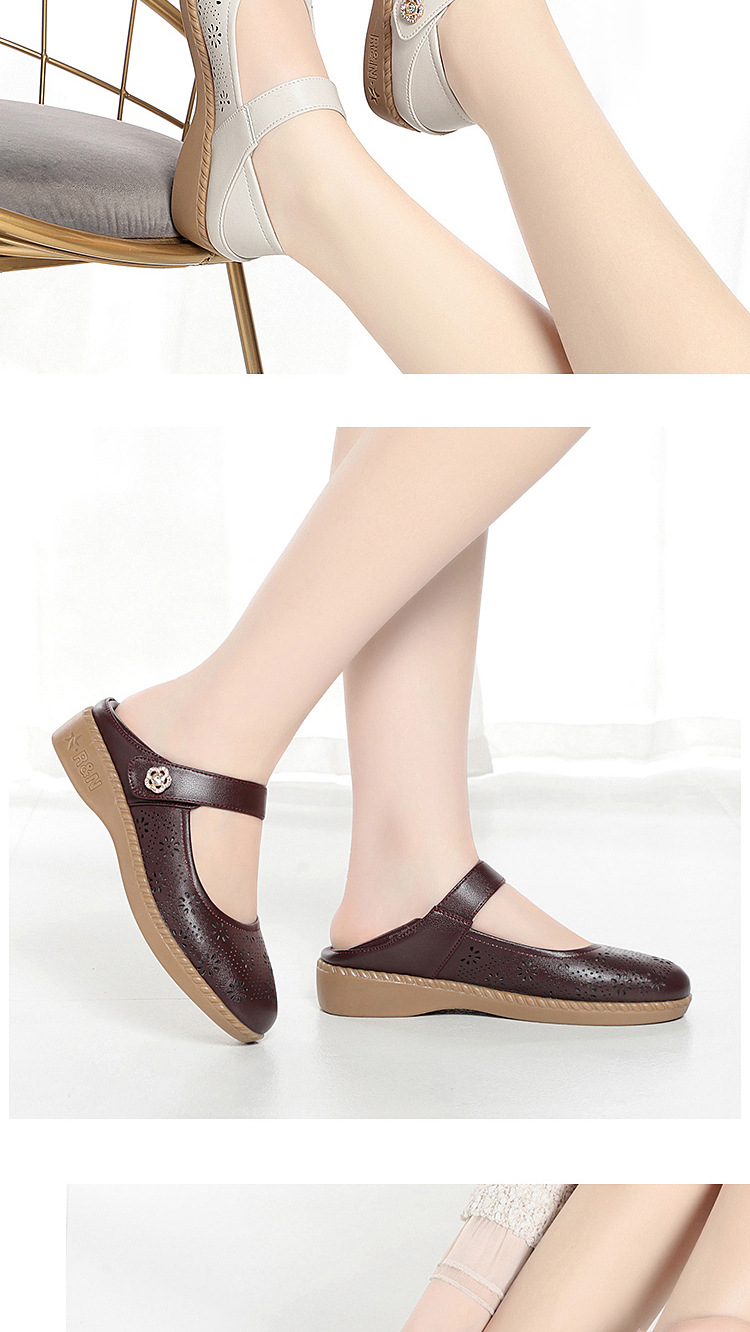 Giày sandal nữ da thật lỗ thoáng khí mũi nhẹ đế bệt phong cách mẹ bỉm — màu be chi tiết 12