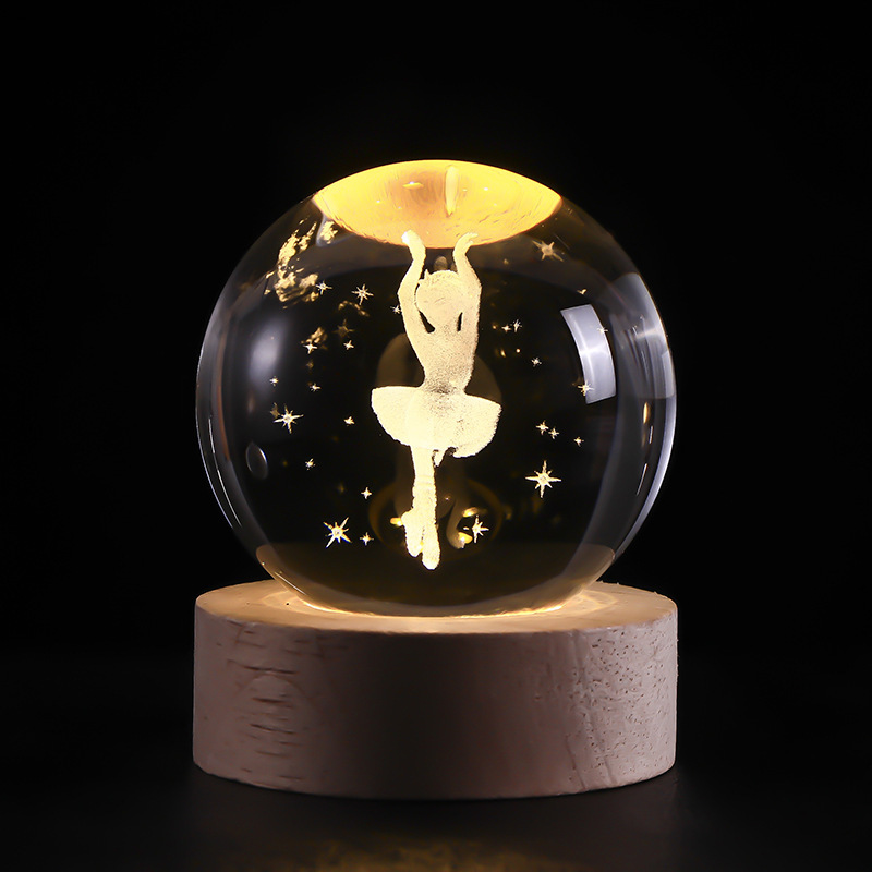 Bola de cristal luminosa, luz nocturna, cielo estrellado tallado en 3D, base de madera maciza, decoración de escritorio creativa, regalo de cumpleaños