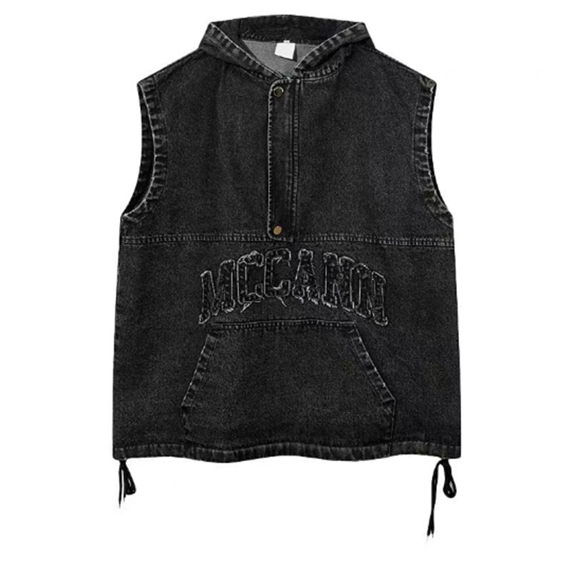 Men's Clothing retro letter patch washed hooded vest men's loose bf denim jacket vest denim_mkmklike.com
