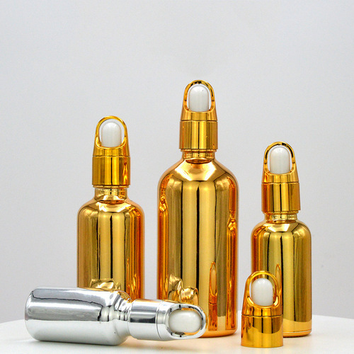 Electroplated gold cosmetic dispensing bottle, spray dropper essential oil bottle, silver press bottle, face cream lotion glass bottle