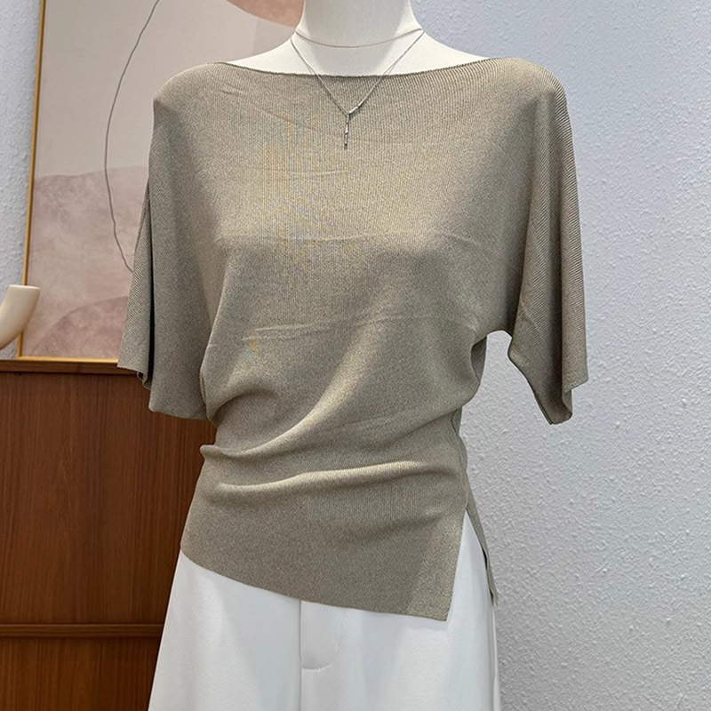 French New Ice Silk Shoulder Open Shoulder Short-sleeved T-shirt Knit Sweater Summer Design Sense Niche Top for Women French New Ice Silk Shoulder Open Shoulder Short-sleeved T-shirt Knit Sweater Summer Design Sense Niche Top for Women