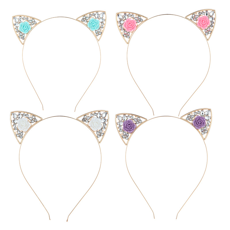 欧美新款时尚猫耳朵发箍发饰 合金水晶派对头饰 女孩粉色花朵头箍
