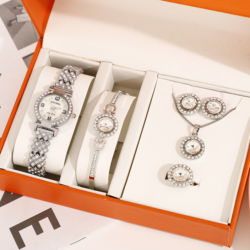 New five-piece women's watch white steel color diamond strap small disc jewelry set holiday gift Women's Watch
