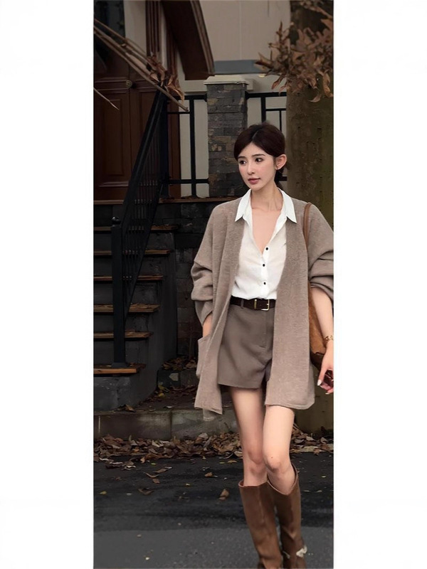 秋季一整套女装2025新款韩版中长款开衫外套白色衬衫高腰短裤套装|undefined