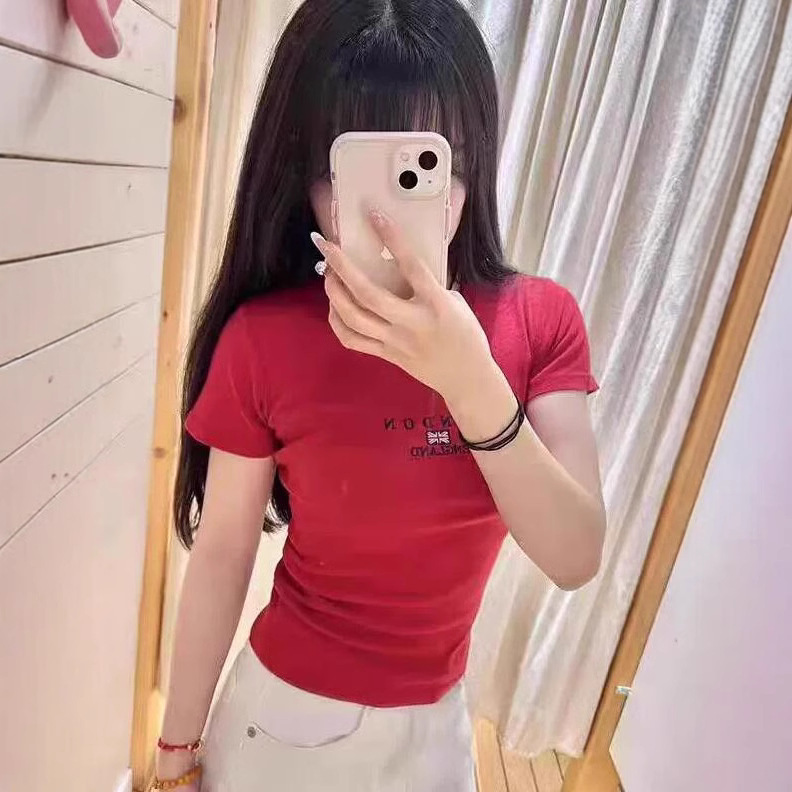 BM Style Red London Letter Embroidered Short-sleeved T-shirt bm American Vintage bm All-match Slim-fit Shoulder Top BM Style Red London Letter Embroidered Short-sleeved T-shirt bm American Vintage bm All-match Slim-fit Shoulder Top