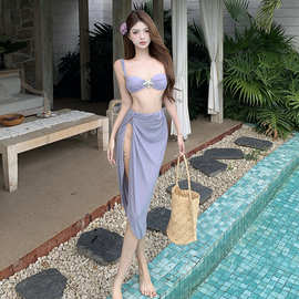 新款性感紫色分体长裙比基尼三件套游泳衣女高开叉小胸聚拢感