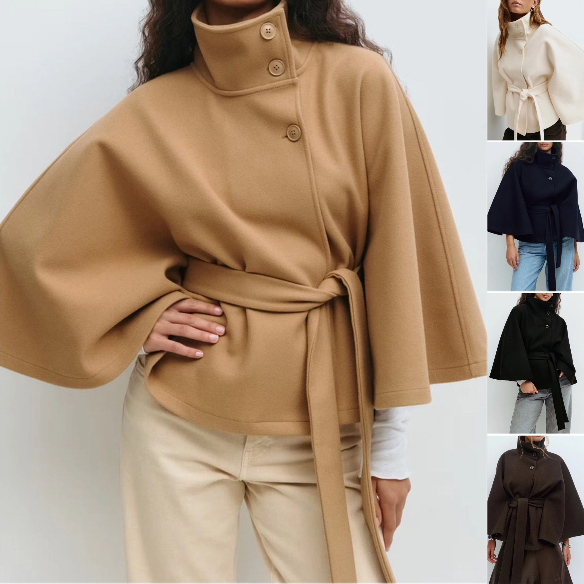 欧美女装秋冬季新款亚马逊跨境时尚纯色斗篷立领纽扣腰带风衣外套