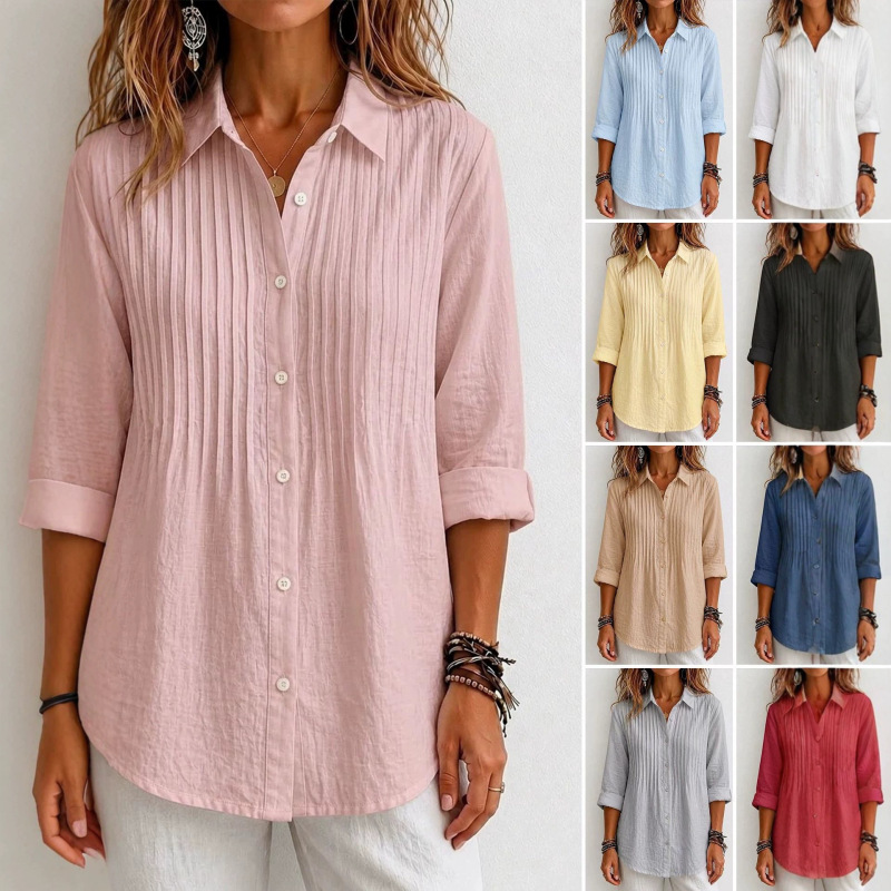 2026 Hot-Selling Ebay Amazon Loose Cotton and Linen Long-Sleeve Women's Pleated Plus-Size Shirt 2026 Hot-Selling Ebay Amazon Loose Cotton and Linen Long-Sleeve Women's Pleated Plus-Size Shirt