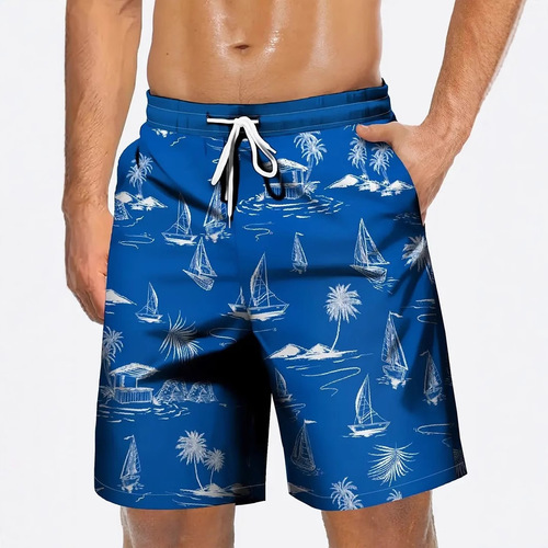 TEMU Summer Men's Beach Shorts Athletic Loose Plant Print Casual Men's Beach Shorts