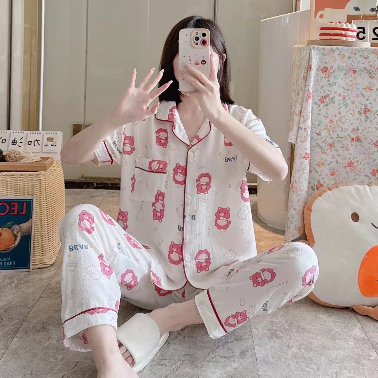 Pajamas de espuma tejidos de verano de algodón pantalones largos de mangas cortas ropa para el hogar de verano delgada de algodón conjunto de dos piezas