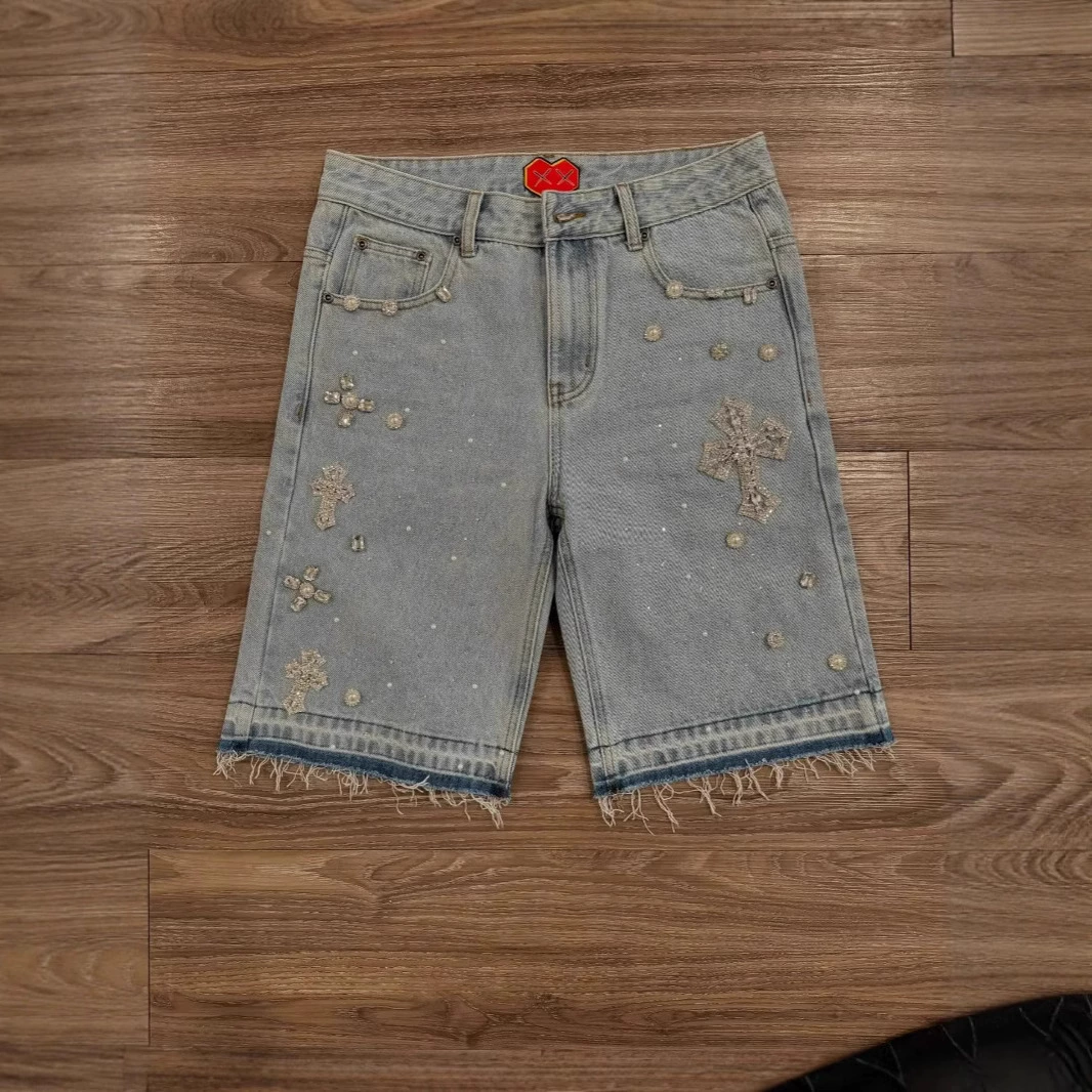 Модные джинсовые шорты с полным стразовым декором в стиле хип-хоп, прямые, с эффектом страз, джинсы-пятишорты, новый стиль 2025, крутой дизайн