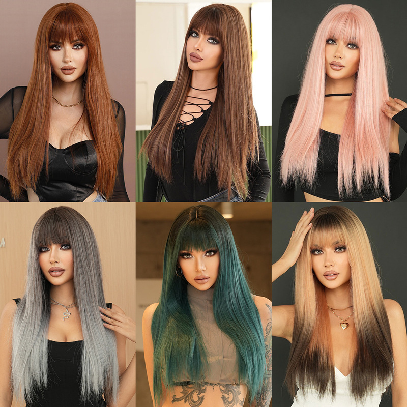 Multi-Color Options European and American Long Straight Hair Colored Wig Full Head Cover Women's Fashionable Bangs Long Straight Tube Style Wig