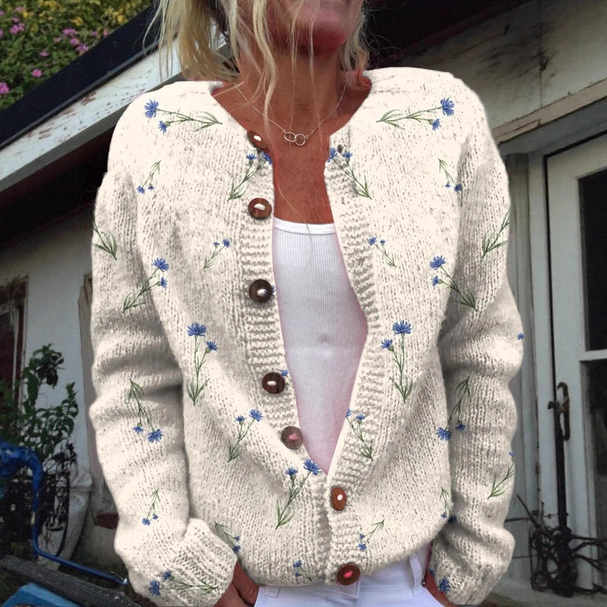 跨境复古灰色圆领长袖防针织开衫女早秋季软糯毛衣外套宽松上衣