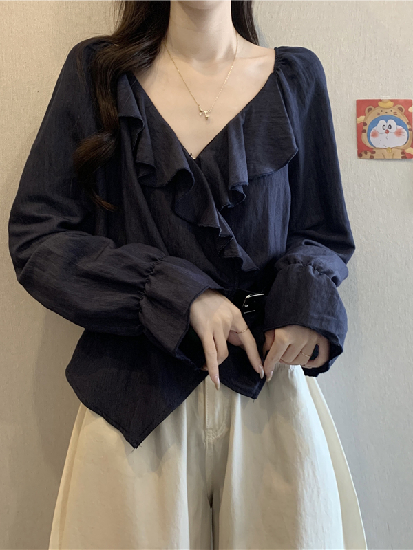 荷叶边V领长袖衬衫女秋季大码胖mm显瘦设计感系带收腰短款小上衣|undefined