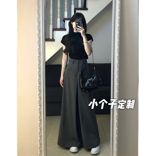 Women's High-Waisted Straight Leg Wide Leg Pants in American Suit Style, xs size, long and stylish, suitable for autumn, showing height, 145cm, 9-inch length