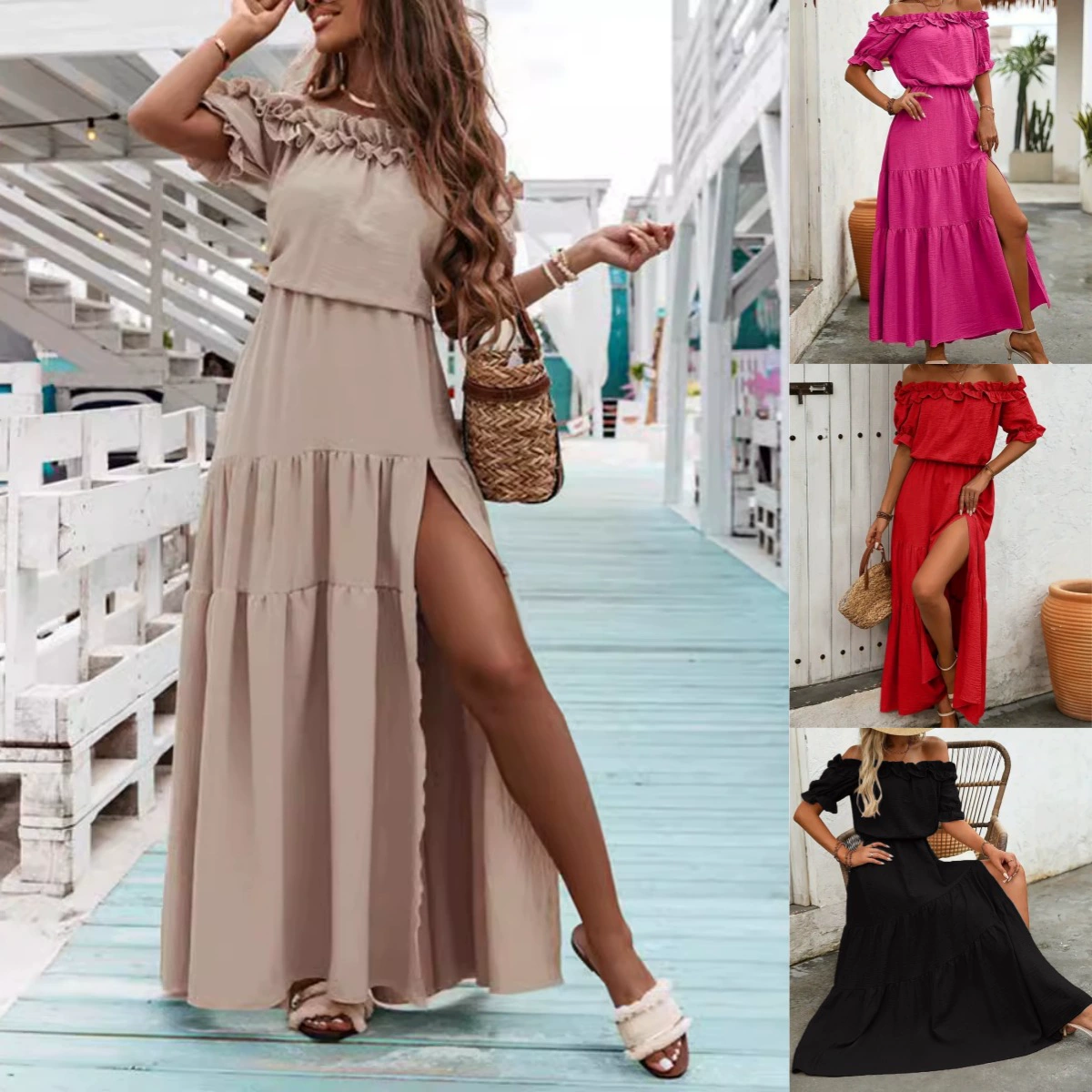 Летнее платье для женщин 2025 года, Amazon, независимый сайт, кросс-граничная торговля, одно плечо, форма уха, разрез на талии