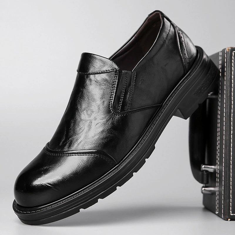 2023 Осенняя Новая мужская деловая повседневная кожаная обувь, мужская Однослойная обувь с круглым носком и рисунком сцепления, туфли на толстой подошве 2355