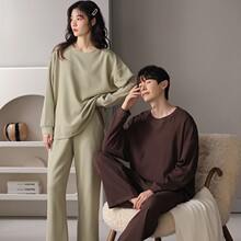 2023年秋冬季情侣睡衣套头长袖透气棉质男女士华夫格春秋季家居服