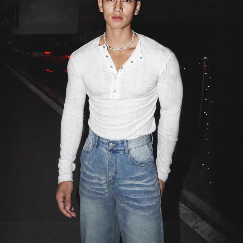 High-Elasticity Knit Henley Shirt for Men, Half-Buttoned, Slim-Fit Long-Sleeve T-Shirt, Thin Breathable Cover-Up with Placket Collar Base Shirt