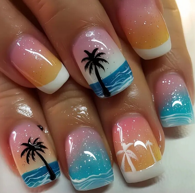 New cross-border hot-selling simple small fresh nail art white French dream wave coconut tree wear nail piece wholesale New cross-border hot-selling simple small fresh nail art white French dream wave coconut tree wear nail piece wholesale