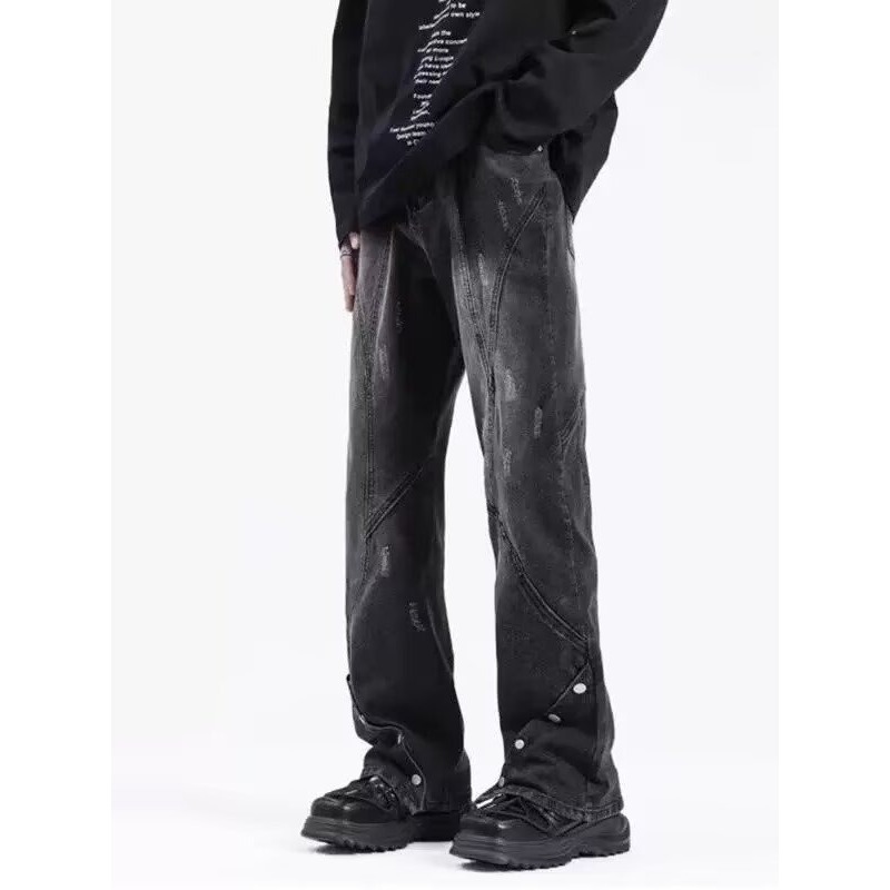 美式高街vibe裤子铆钉做旧黑色牛仔裤男春季新款显瘦直筒微喇裤子|undefined