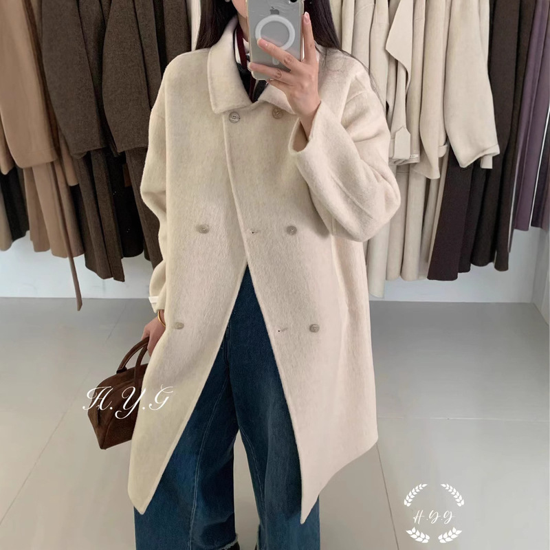 Petite Double-Sided Cashmere Coat 2024 Women's Mid-Length Hepburn Style Woolen Overcoat for Autumn and Winter Slim Fit
