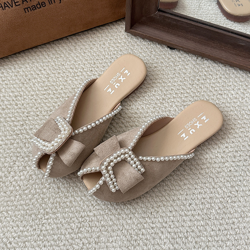Pearl bow-tie closed-toe mules for women, 2026 summer new fairy style, suitable for pairing with skirts, low-heeled sandals