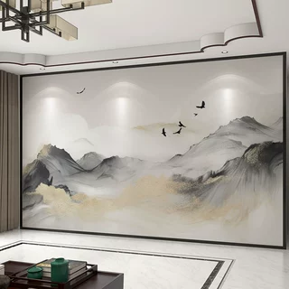 壁纸新中式3d立体水墨风山水电视背景墙壁布客厅壁纸卧室墙布壁画