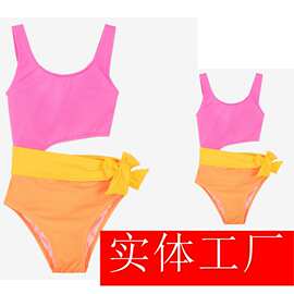 女童儿童亲子装大童泳衣订单氨纶尼龙面料姜黄快干游泳衣定做工厂