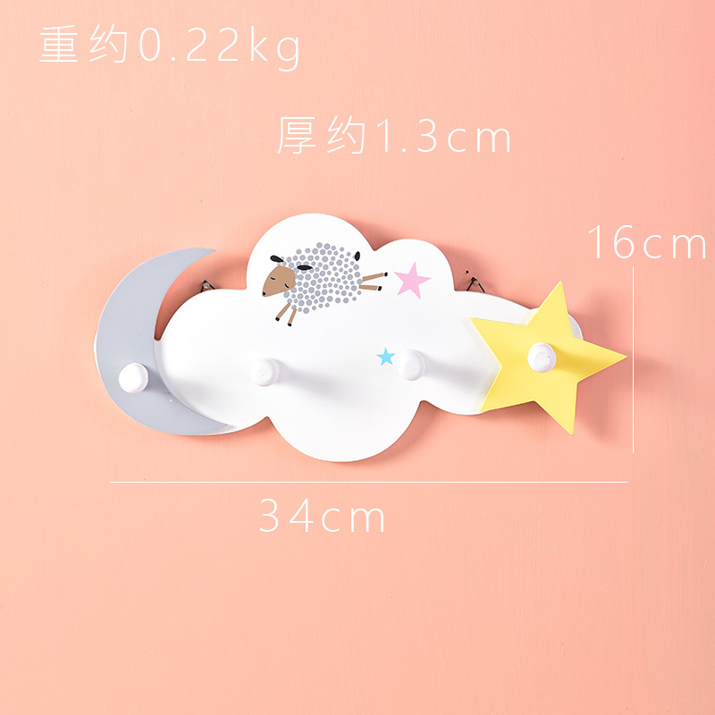 创意云朵卡通挂钩壁挂门后挂衣钩浴室墙壁排钩木质墙饰星月四连钩|ms